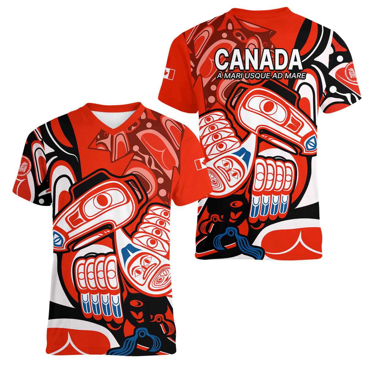 Canada Haida Women V Neck T Shirt Classic Haida Stylized Raven in red - Wonder Print Shop