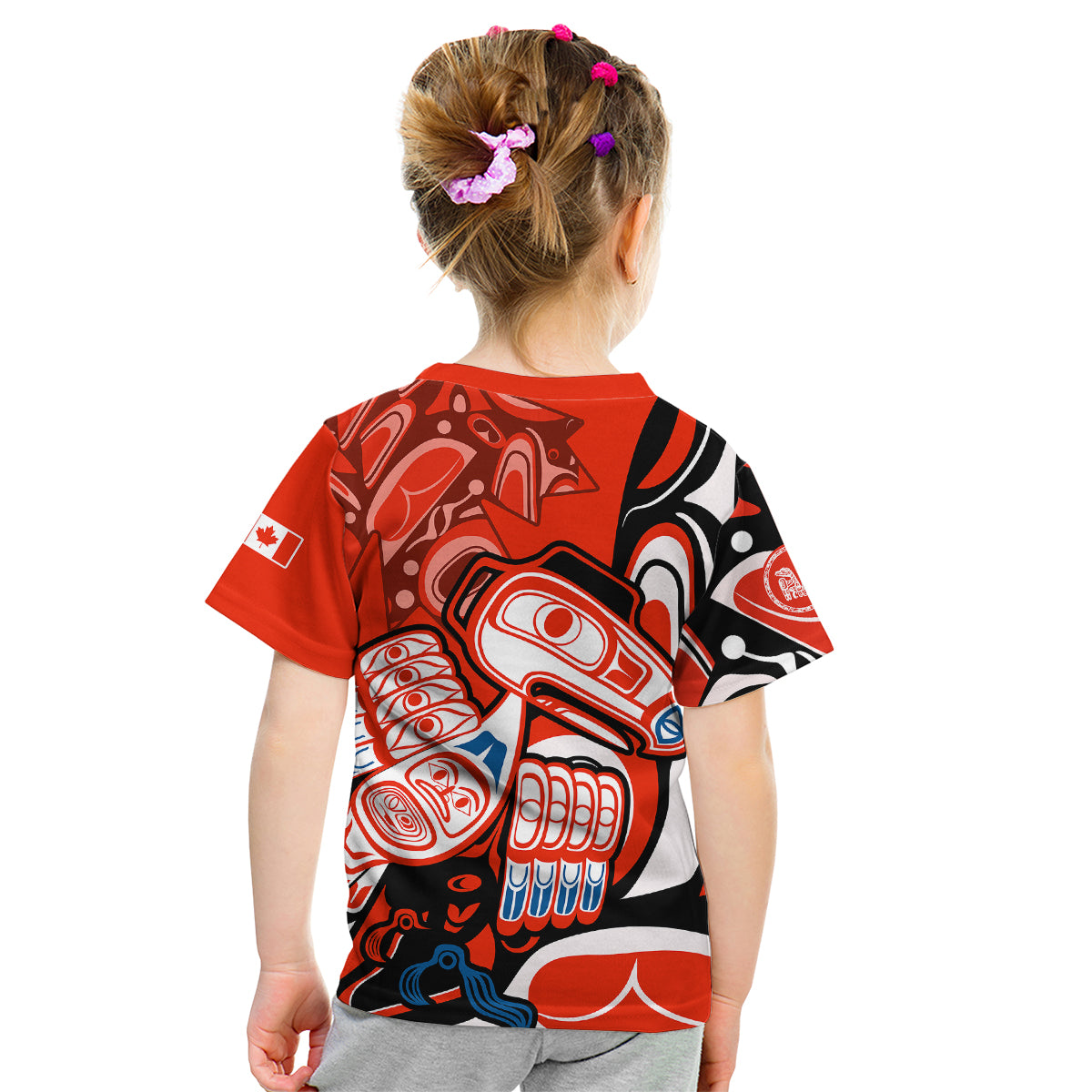 (Custom Personalised) Canada Haida Kid T Shirt Classic Haida Stylized Raven in red - Wonder Print Shop