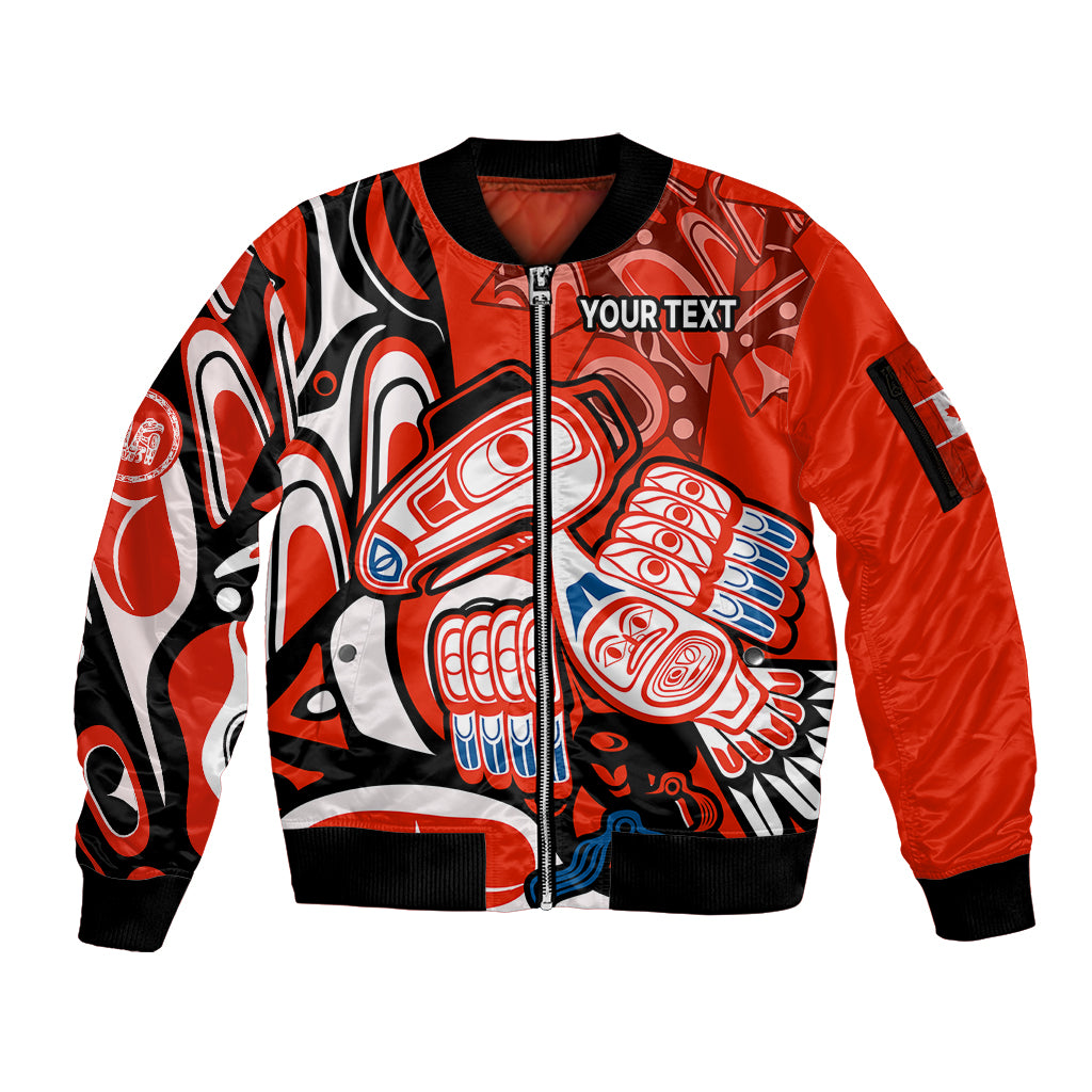 (Custom Personalised) Canada Haida Sleeve Zip Bomber Jacket Classic Haida Stylized Raven in red - Wonder Print Shop