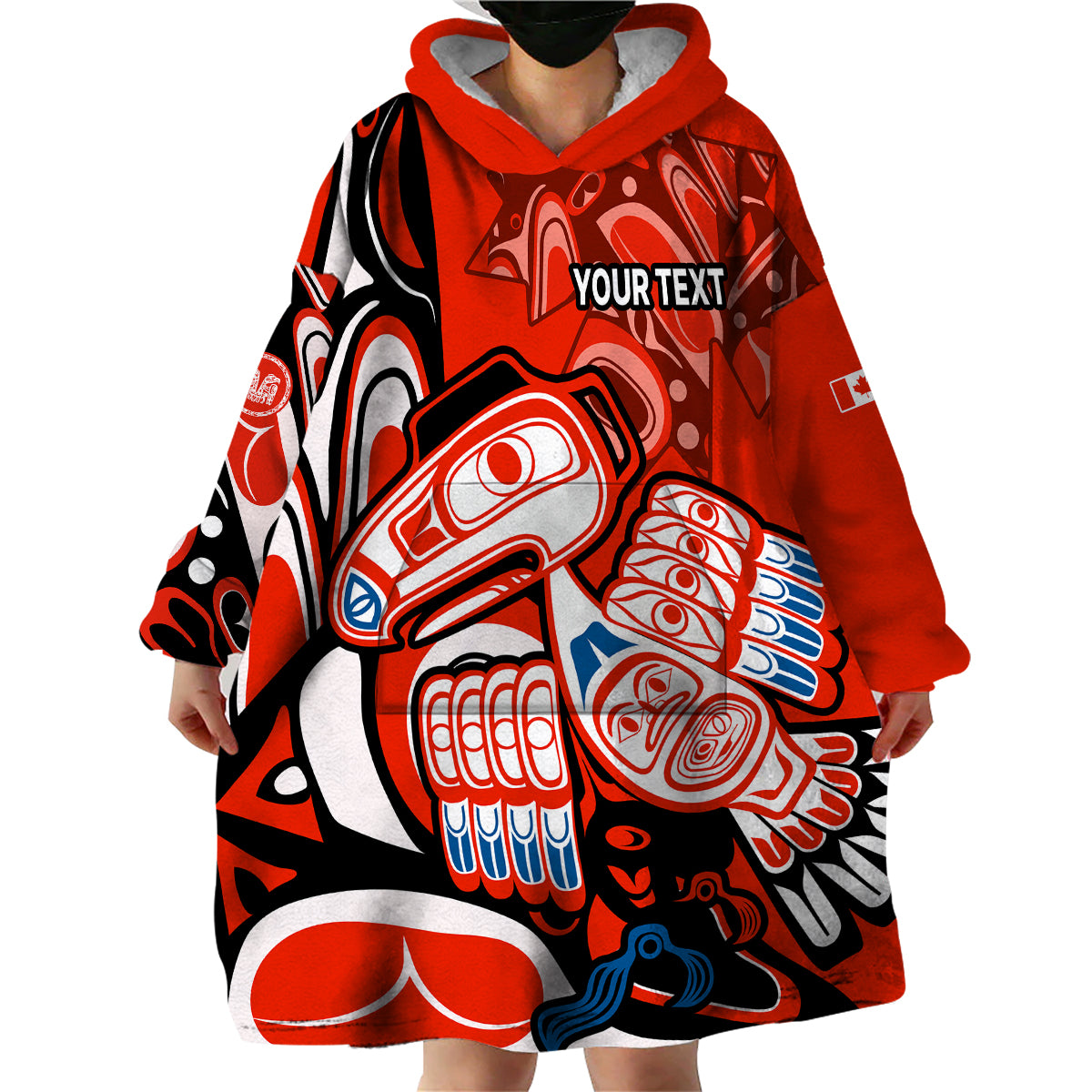 (Custom Personalised) Canada Haida Wearable Blanket Hoodie Classic Haida Stylized Raven in red - Wonder Print Shop