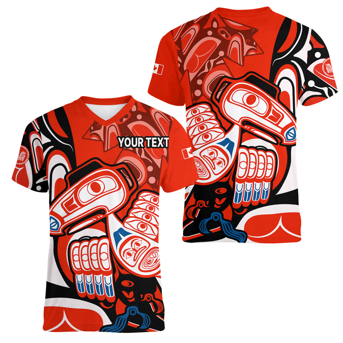 (Custom Personalised) Canada Haida Women V Neck T Shirt Classic Haida Stylized Raven in red - Wonder Print Shop