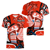 (Custom Personalised) Canada Haida Women V Neck T Shirt Classic Haida Stylized Raven in red - Wonder Print Shop