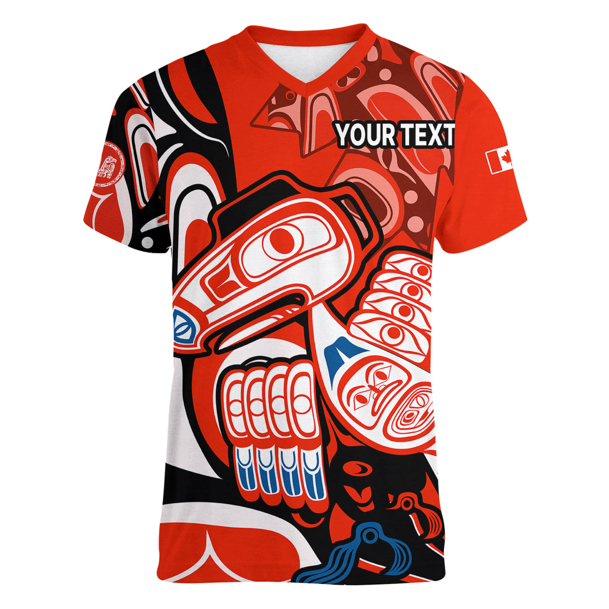 (Custom Personalised) Canada Haida Women V Neck T Shirt Classic Haida Stylized Raven in red - Wonder Print Shop