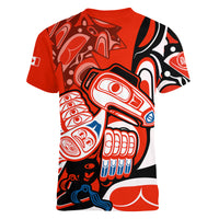 (Custom Personalised) Canada Haida Women V Neck T Shirt Classic Haida Stylized Raven in red - Wonder Print Shop