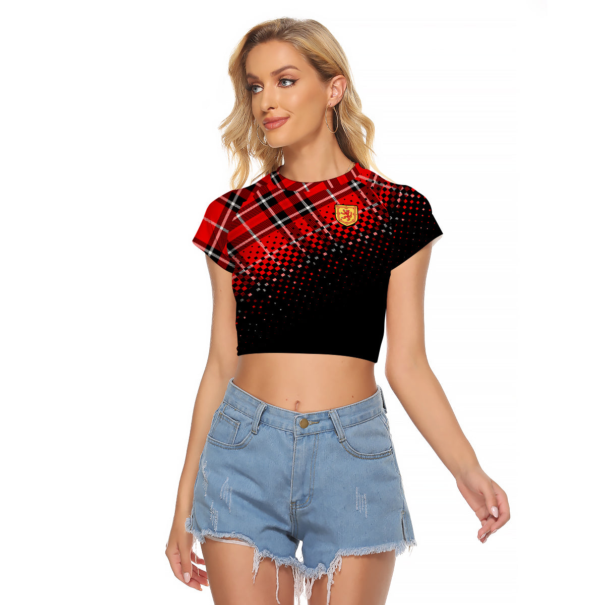 (Custom Personalised) Scottish Gaelic Raglan Cropped T Shirt Crest Scotland Lion Tartan - Wonder Print Shop