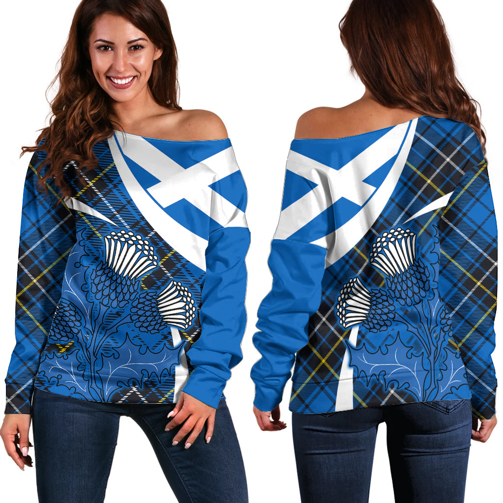Scottish Thistle Tartan Off Shoulder Sweater Scottish Alba Flag Style - Wonder Print Shop