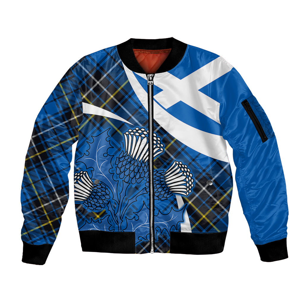 Scottish Thistle Tartan Sleeve Zip Bomber Jacket Scottish Alba Flag Style - Wonder Print Shop
