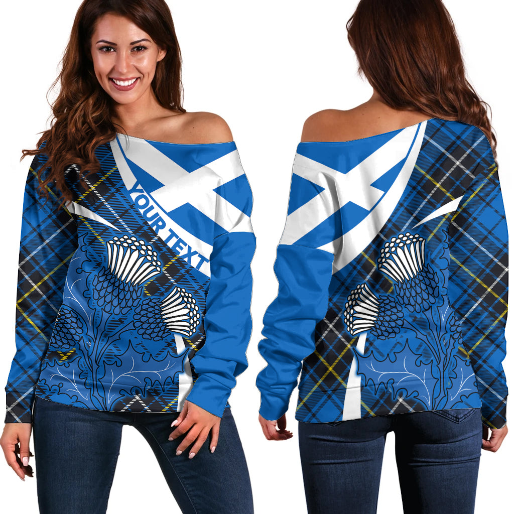 (Custom Personalised) Scottish Thistle Tartan Off Shoulder Sweater Scottish Alba Flag Style - Wonder Print Shop