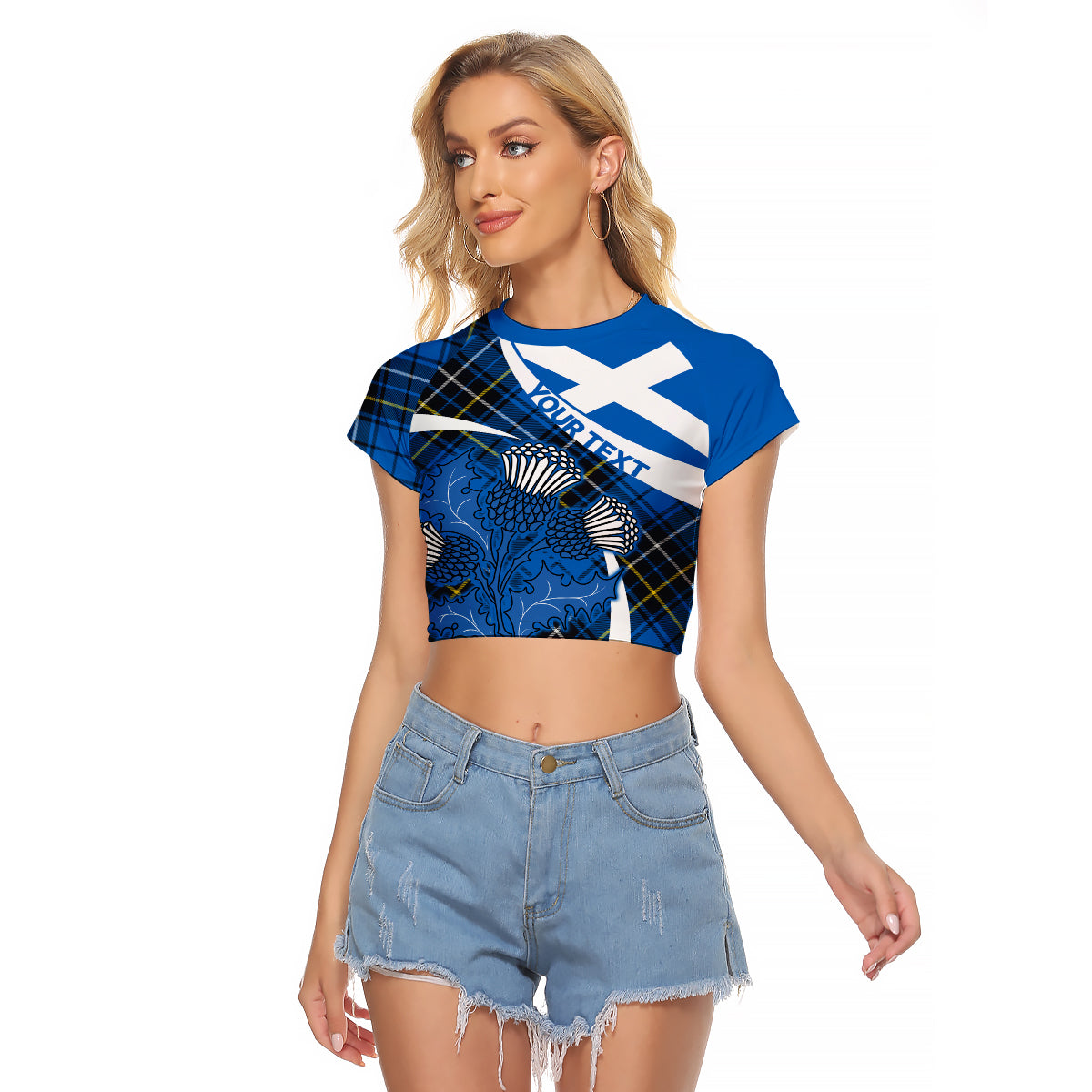 (Custom Personalised) Scottish Thistle Tartan Raglan Cropped T Shirt Scottish Alba Flag Style - Wonder Print Shop