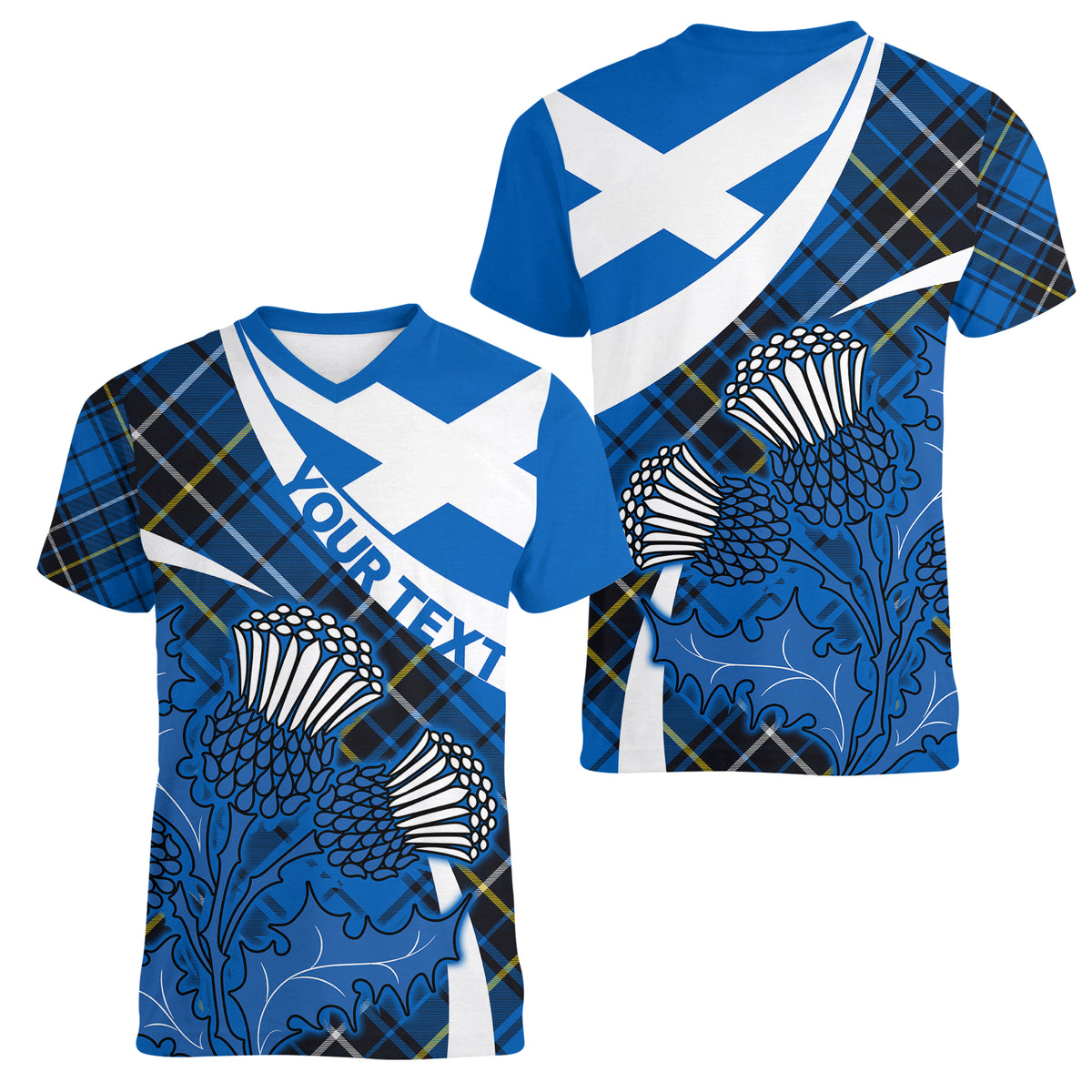 (Custom Personalised) Scottish Thistle Tartan Women V Neck T Shirt Scottish Alba Flag Style - Wonder Print Shop