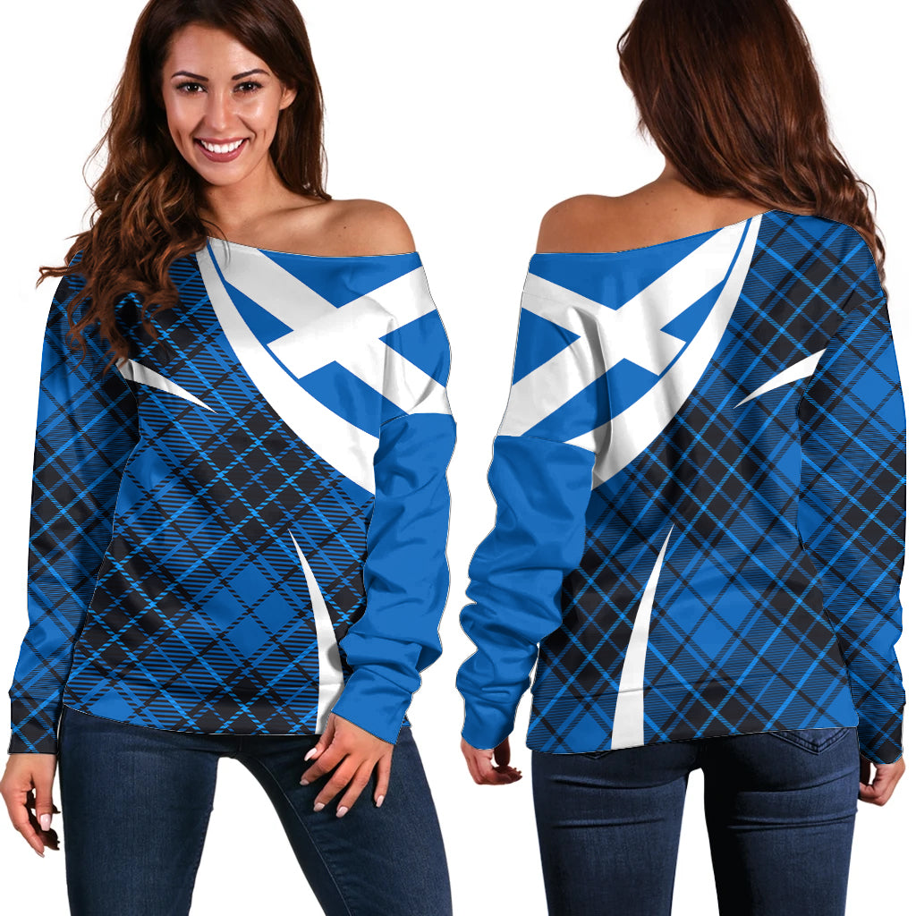 Scottish Alba Flag Off Shoulder Sweater Scottish Colourful Tartan Blue Version - Wonder Print Shop