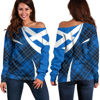Scottish Alba Flag Off Shoulder Sweater Scottish Colourful Tartan Blue Version - Wonder Print Shop