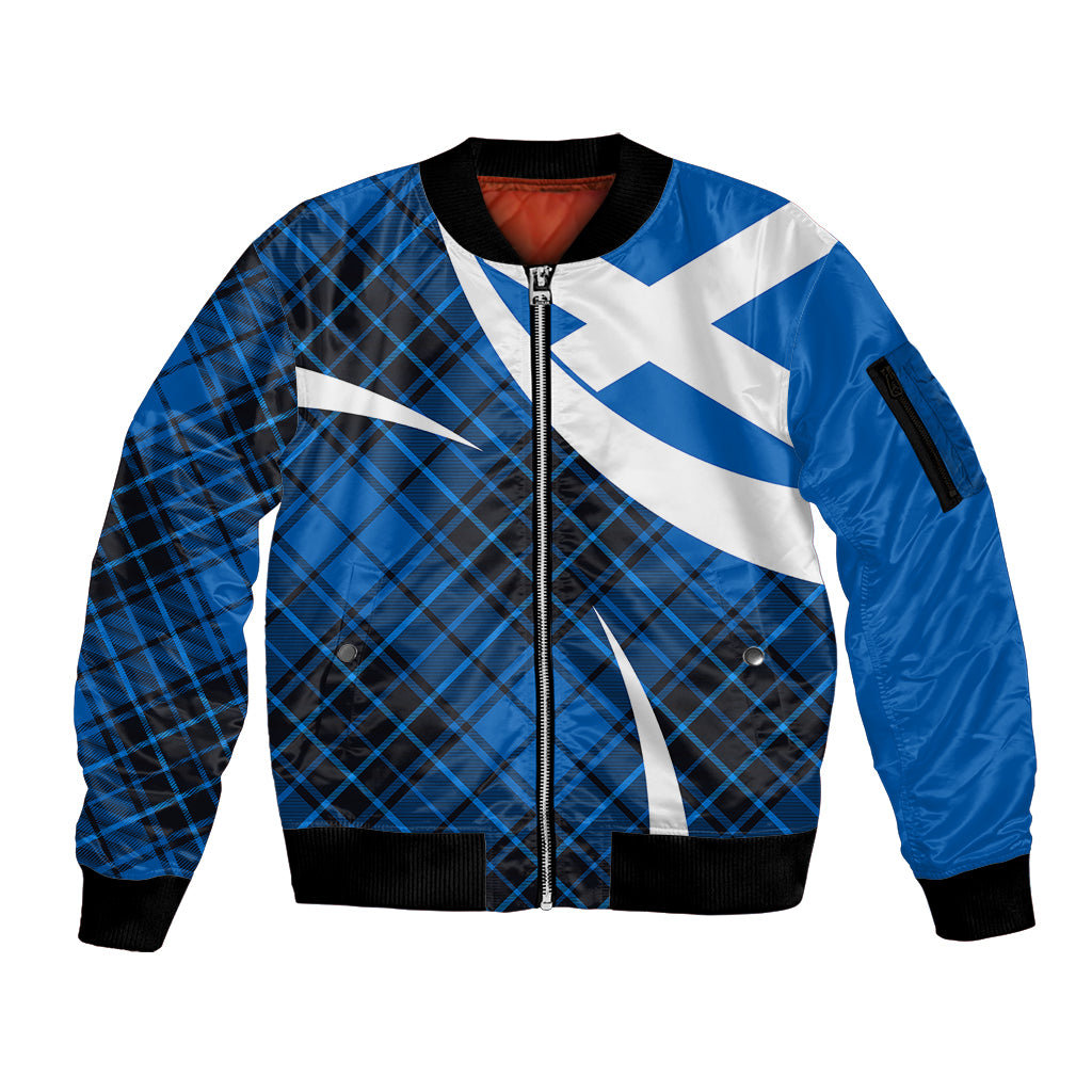 Scottish Alba Flag Sleeve Zip Bomber Jacket Scottish Colourful Tartan Blue Version - Wonder Print Shop