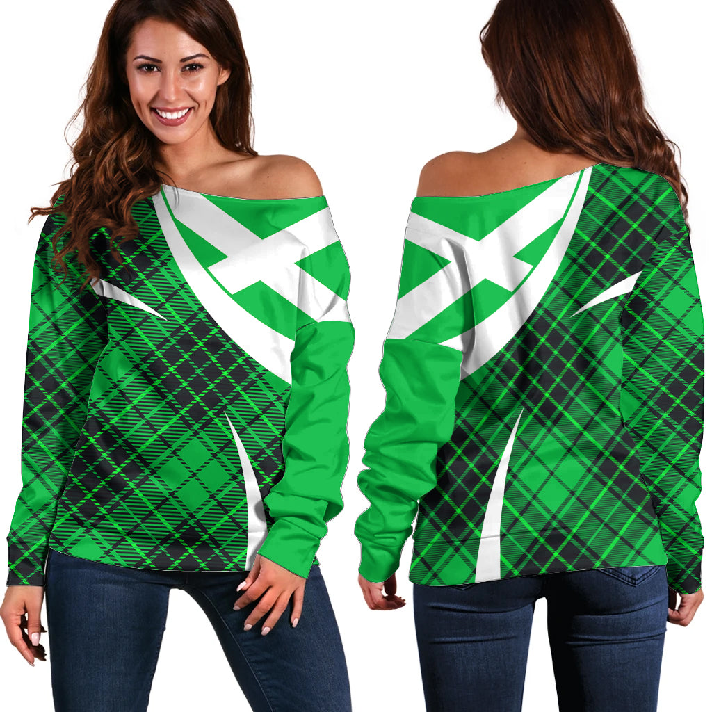 Scottish Alba Flag Off Shoulder Sweater Scottish Colourful Tartan Green Version - Wonder Print Shop