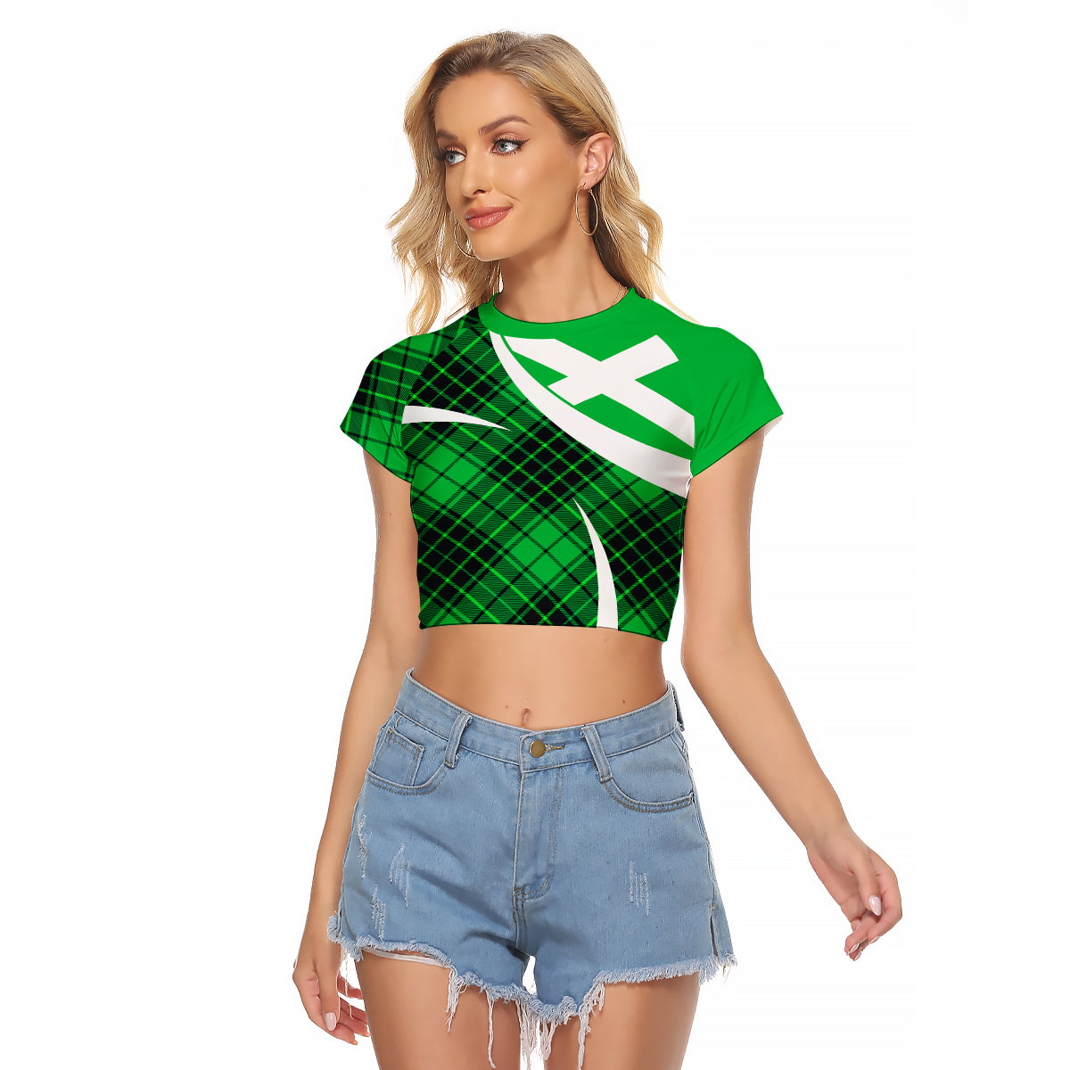 Scottish Alba Flag Raglan Cropped T Shirt Scottish Colourful Tartan Green Version - Wonder Print Shop