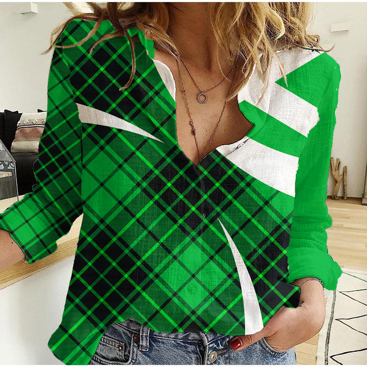 Scottish Alba Flag Women Casual Shirt Scottish Colourful Tartan Green Version - Wonder Print Shop