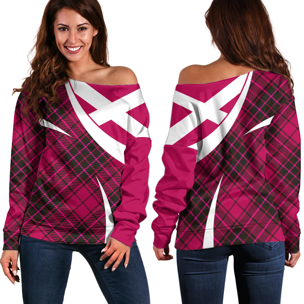 Scottish Alba Flag Off Shoulder Sweater Scottish Colourful Tartan Pink Version - Wonder Print Shop
