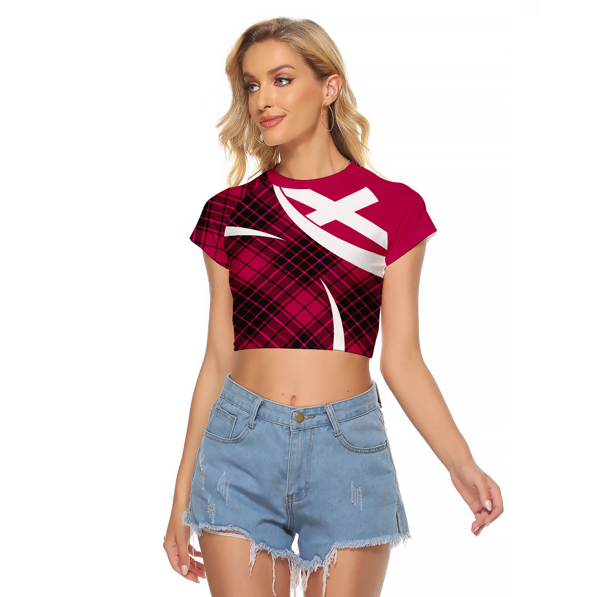 Scottish Alba Flag Raglan Cropped T Shirt Scottish Colourful Tartan Pink Version - Wonder Print Shop