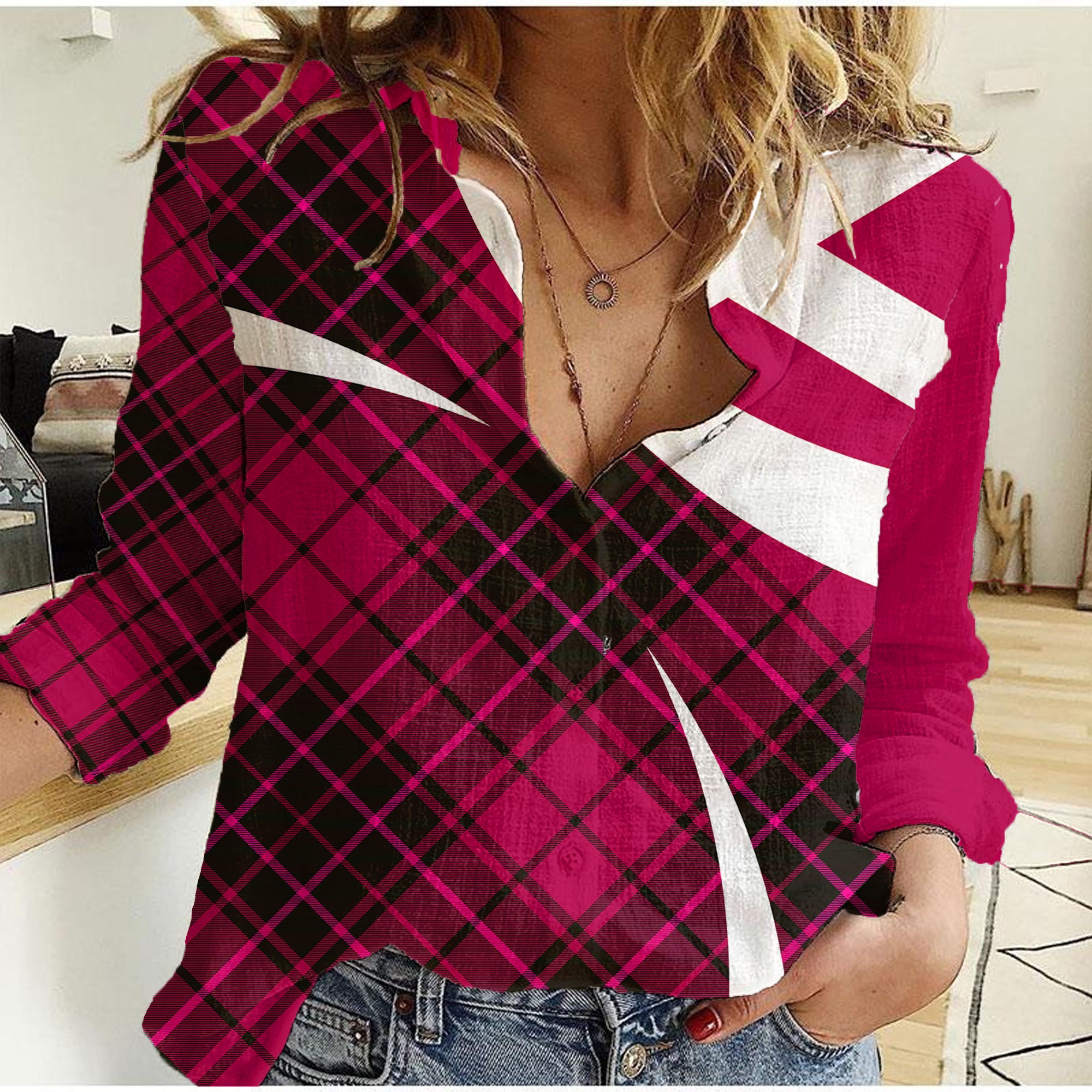 Scottish Alba Flag Women Casual Shirt Scottish Colourful Tartan Pink Version - Wonder Print Shop