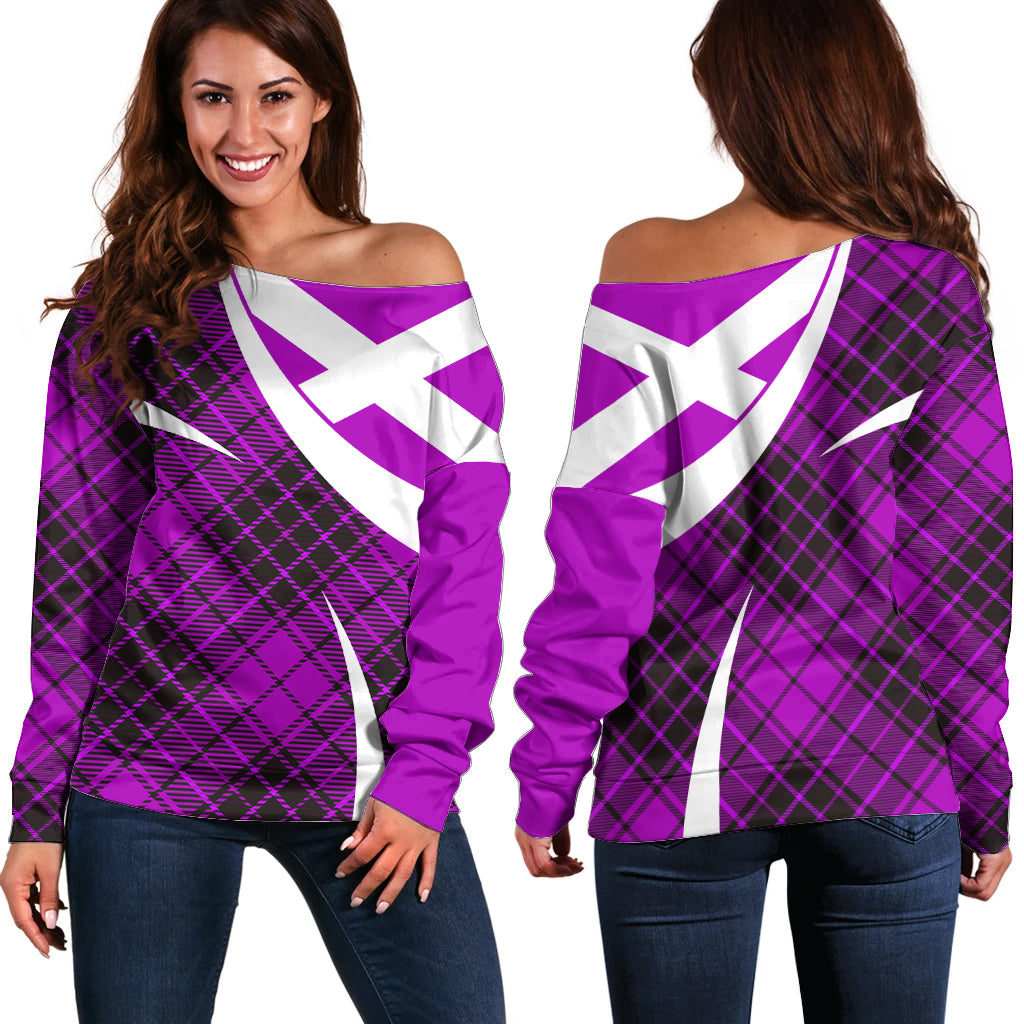 Scottish Alba Flag Off Shoulder Sweater Scottish Colourful Tartan Purple Version - Wonder Print Shop