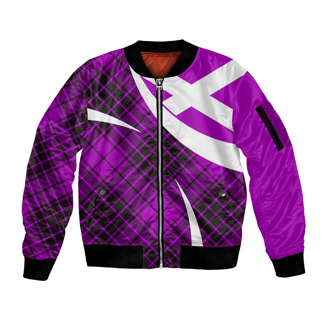 Scottish Alba Flag Sleeve Zip Bomber Jacket Scottish Colourful Tartan Purple Version - Wonder Print Shop