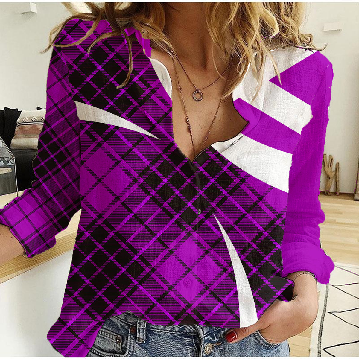 Scottish Alba Flag Women Casual Shirt Scottish Colourful Tartan Purple Version - Wonder Print Shop