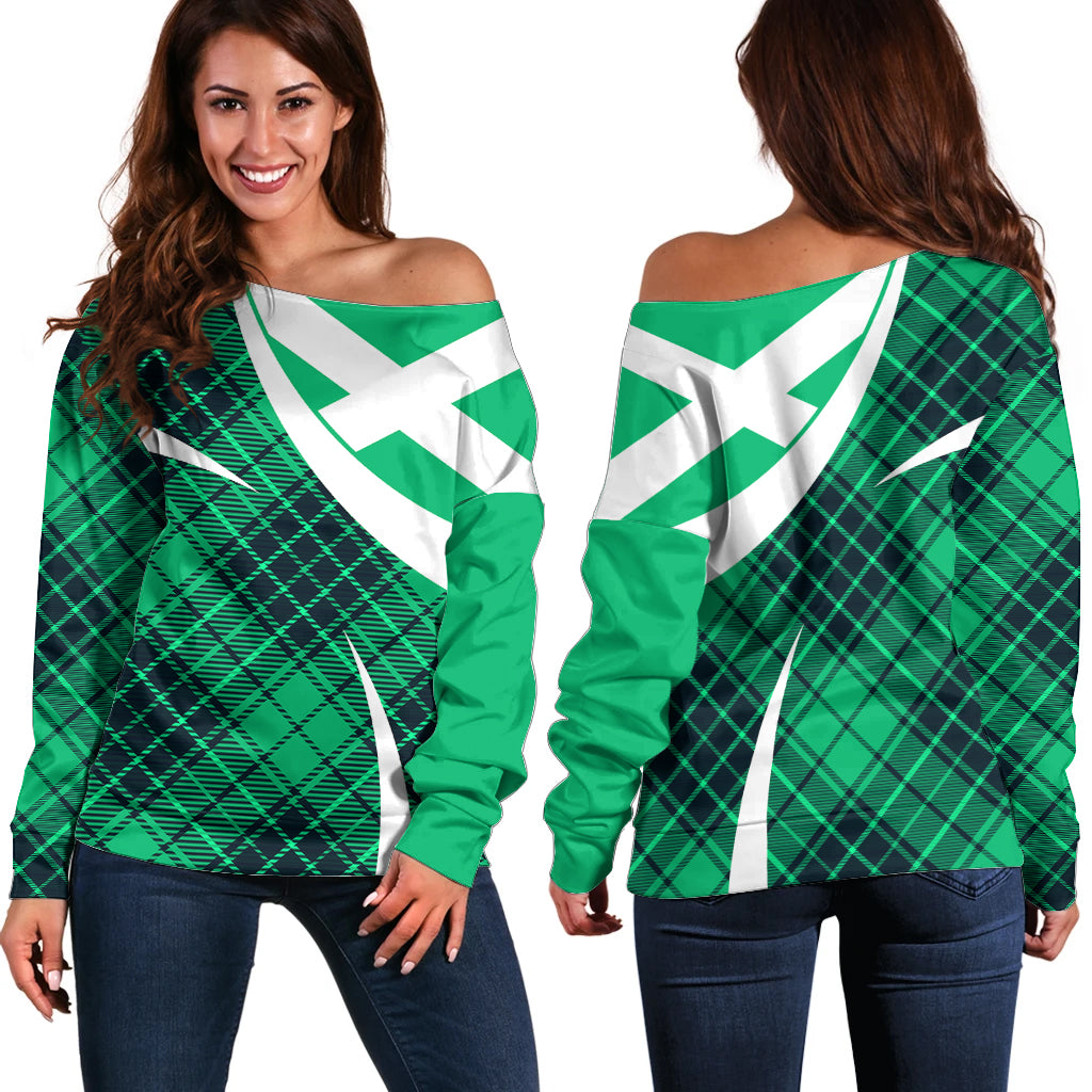 Scottish Alba Flag Off Shoulder Sweater Scottish Colourful Tartan Turquoise Version - Wonder Print Shop
