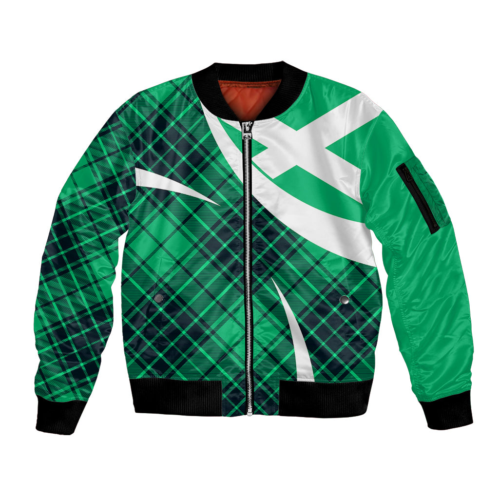 Scottish Alba Flag Sleeve Zip Bomber Jacket Scottish Colourful Tartan Turquoise Version - Wonder Print Shop
