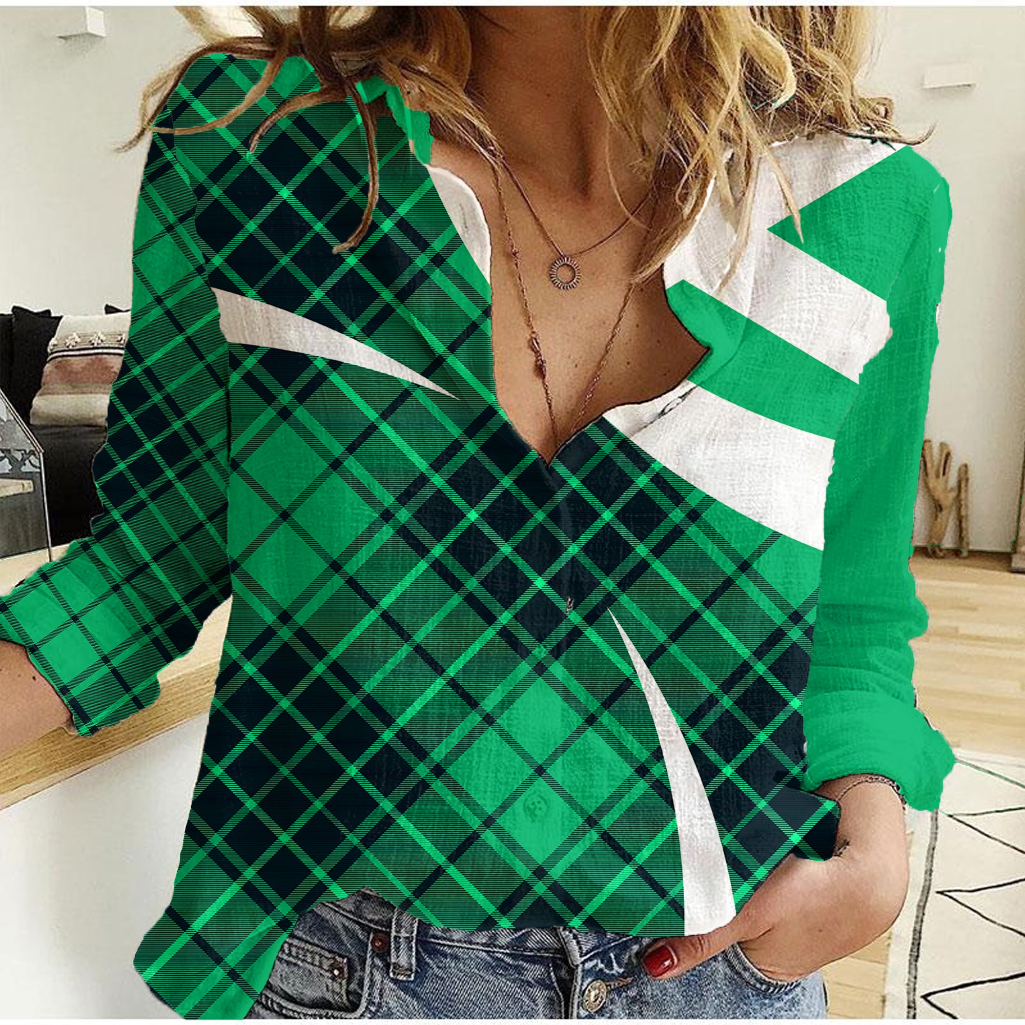 Scottish Alba Flag Women Casual Shirt Scottish Colourful Tartan Turquoise Version - Wonder Print Shop
