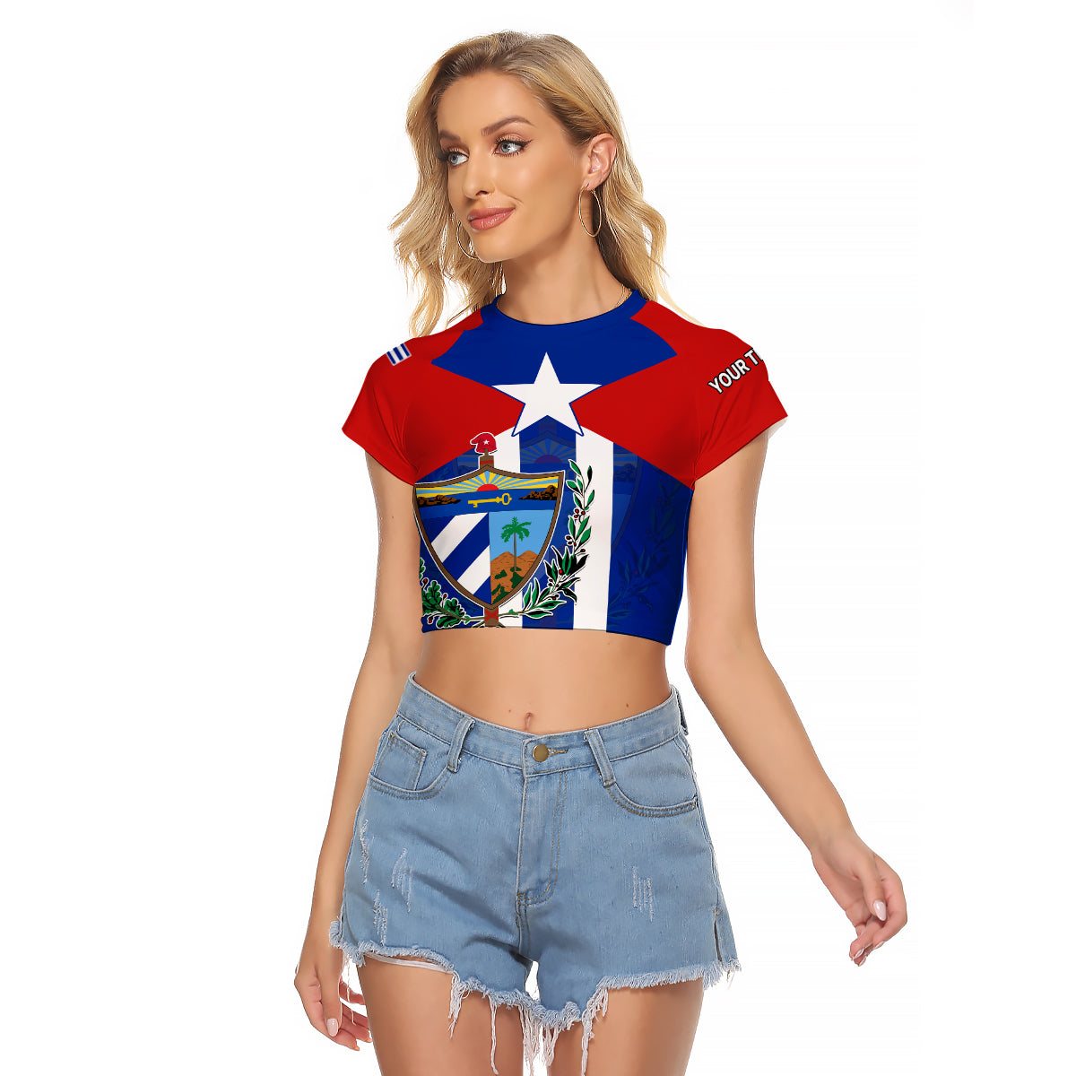 (Custom Personalised) Cuba Simple Coat Of Arms Raglan Cropped T Shirt - Wonder Print Shop
