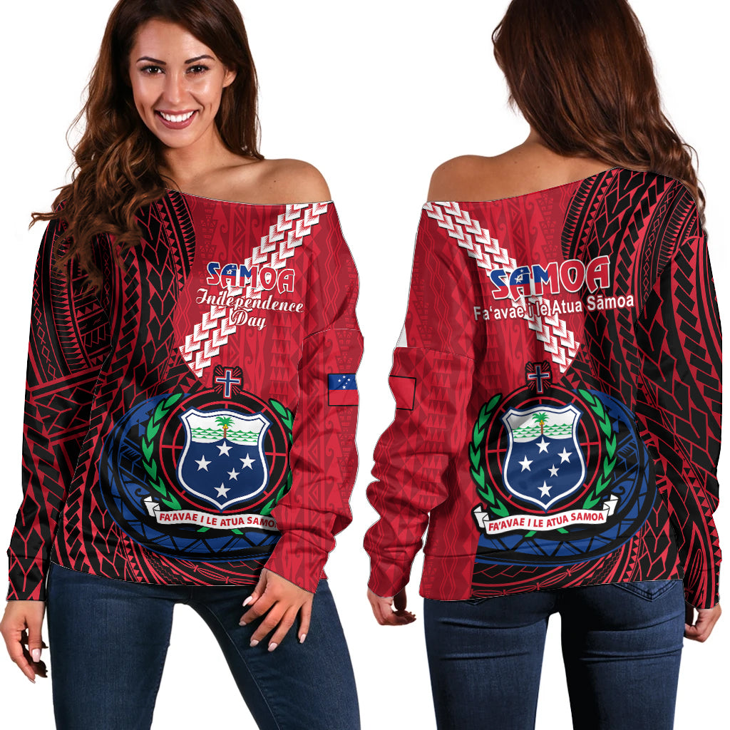 Samoa Off Shoulder Sweater Happy Independence Day Samoan Red Pattern - Wonder Print Shop