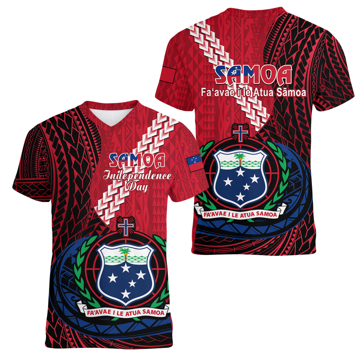 Samoa Women V Neck T Shirt Happy Independence Day Samoan Red Pattern - Wonder Print Shop