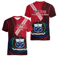 Samoa Women V Neck T Shirt Happy Independence Day Samoan Red Pattern - Wonder Print Shop