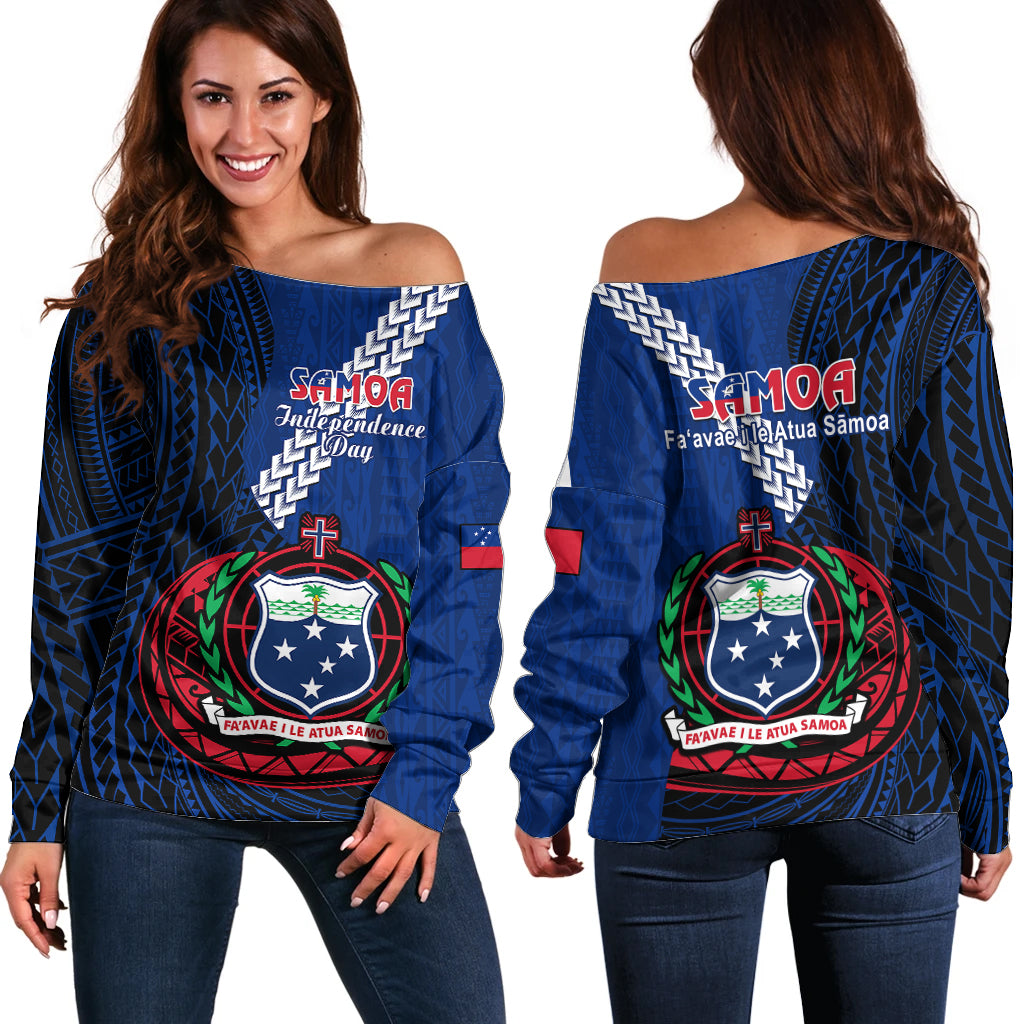 Samoa Off Shoulder Sweater Happy Independence Day Samoan Blue Pattern - Wonder Print Shop