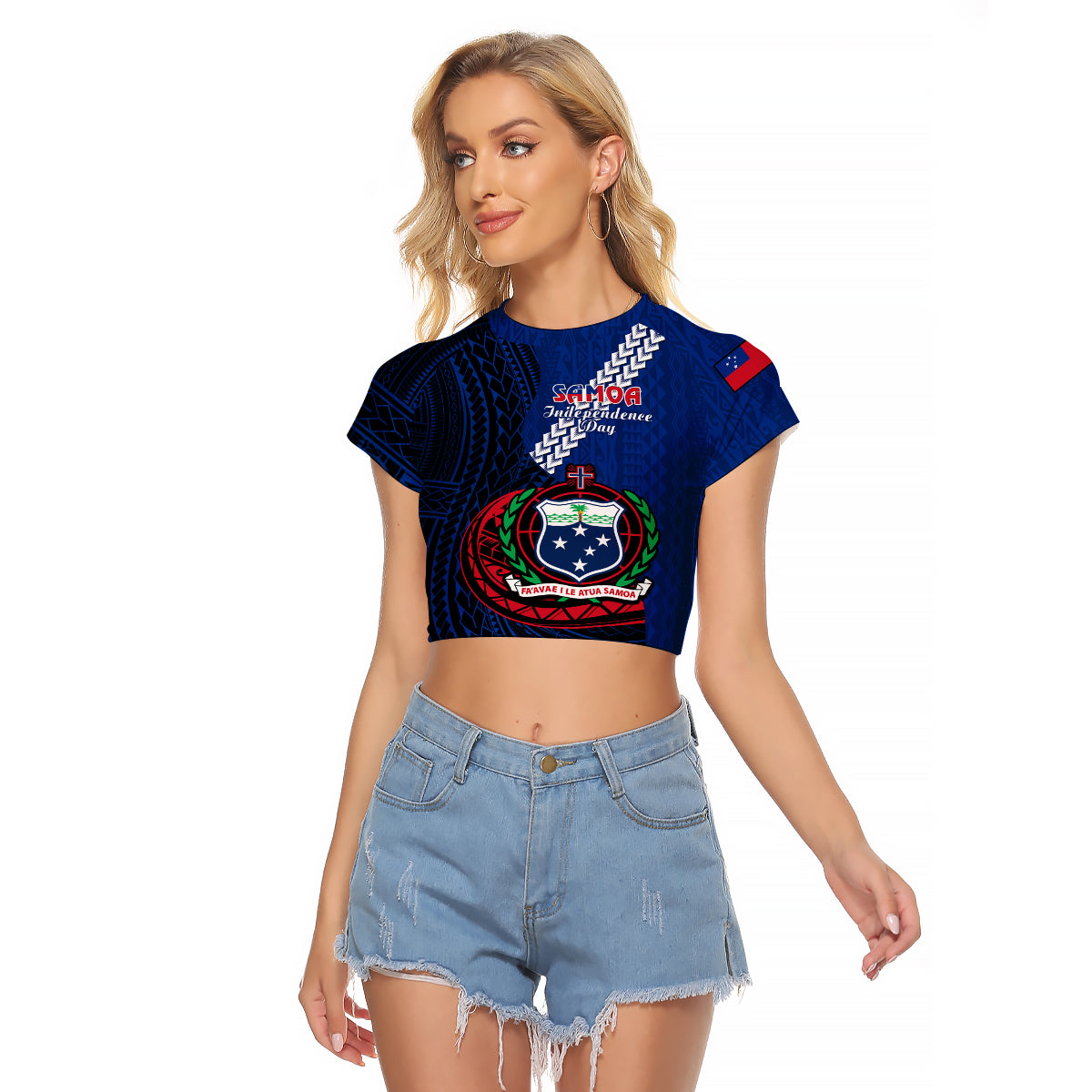 Samoa Raglan Cropped T Shirt Happy Independence Day Samoan Blue Pattern - Wonder Print Shop