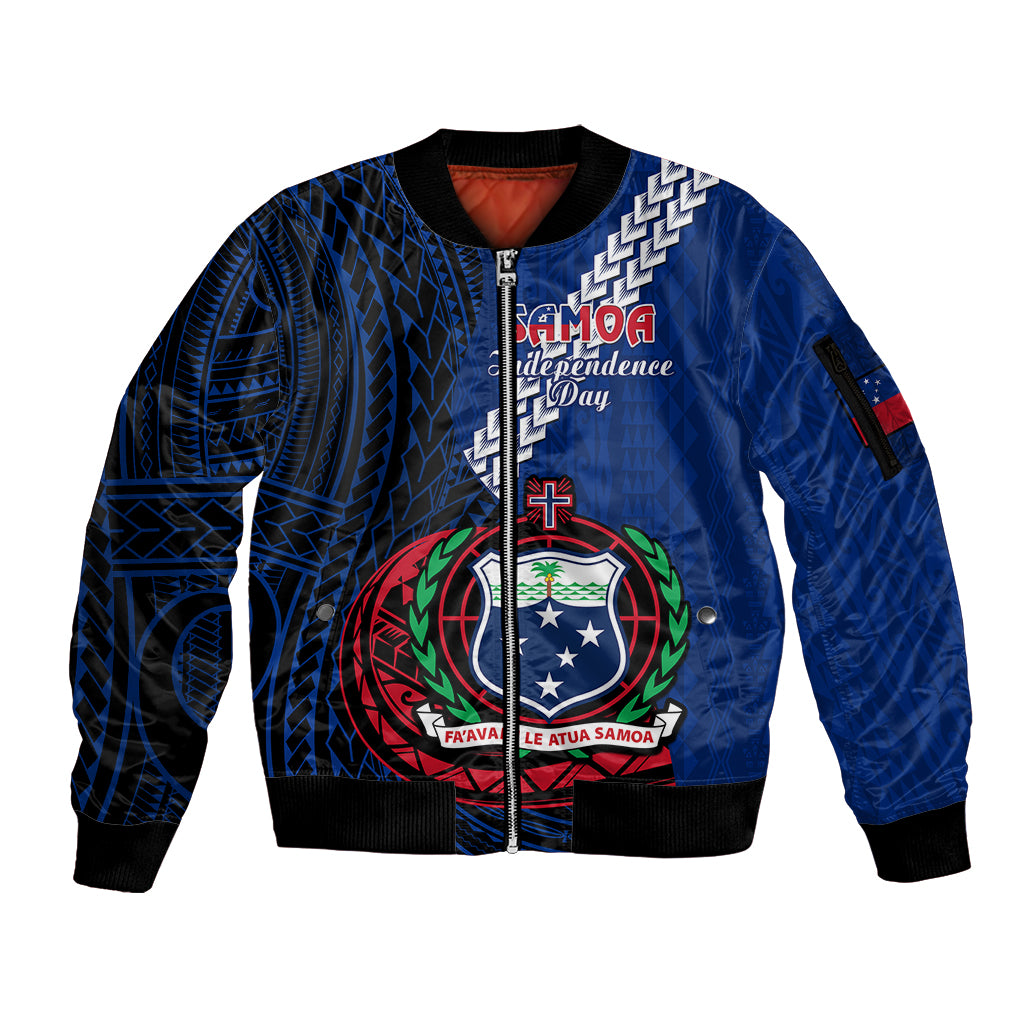 Samoa Sleeve Zip Bomber Jacket Happy Independence Day Samoan Blue Pattern - Wonder Print Shop