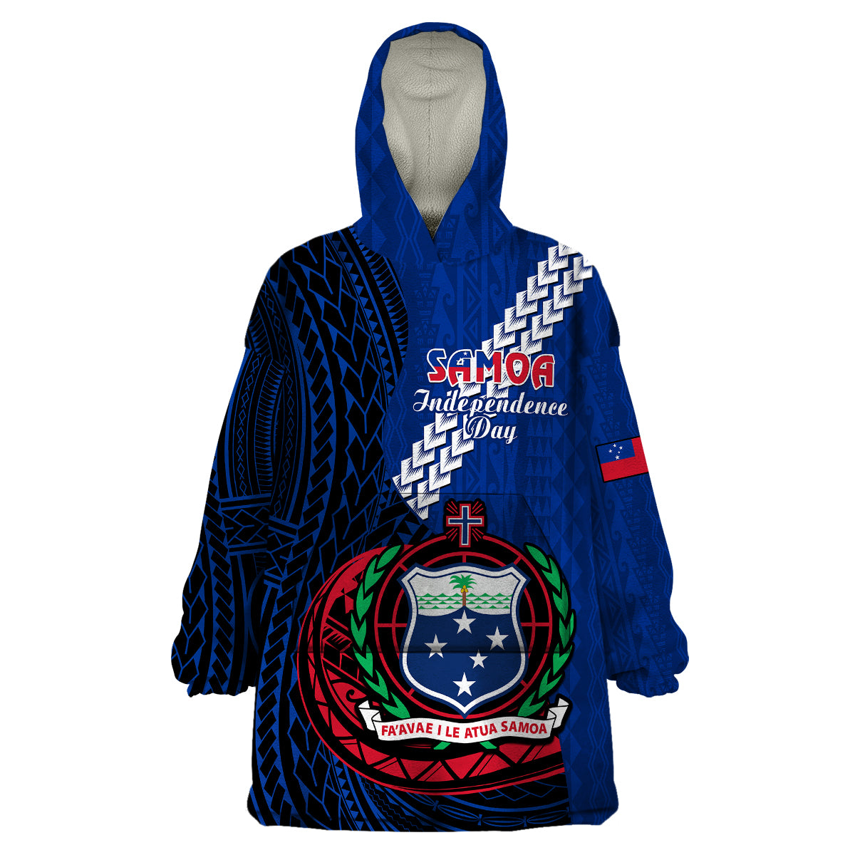 Samoa Wearable Blanket Hoodie Happy Independence Day Samoan Blue Pattern - Wonder Print Shop