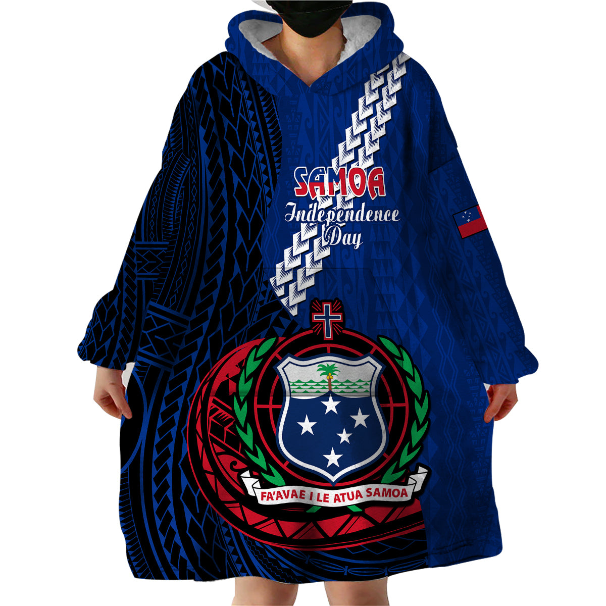 Samoa Wearable Blanket Hoodie Happy Independence Day Samoan Blue Pattern - Wonder Print Shop
