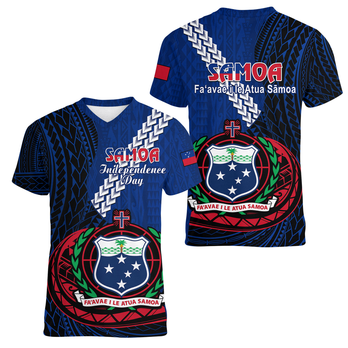 Samoa Women V Neck T Shirt Happy Independence Day Samoan Blue Pattern - Wonder Print Shop