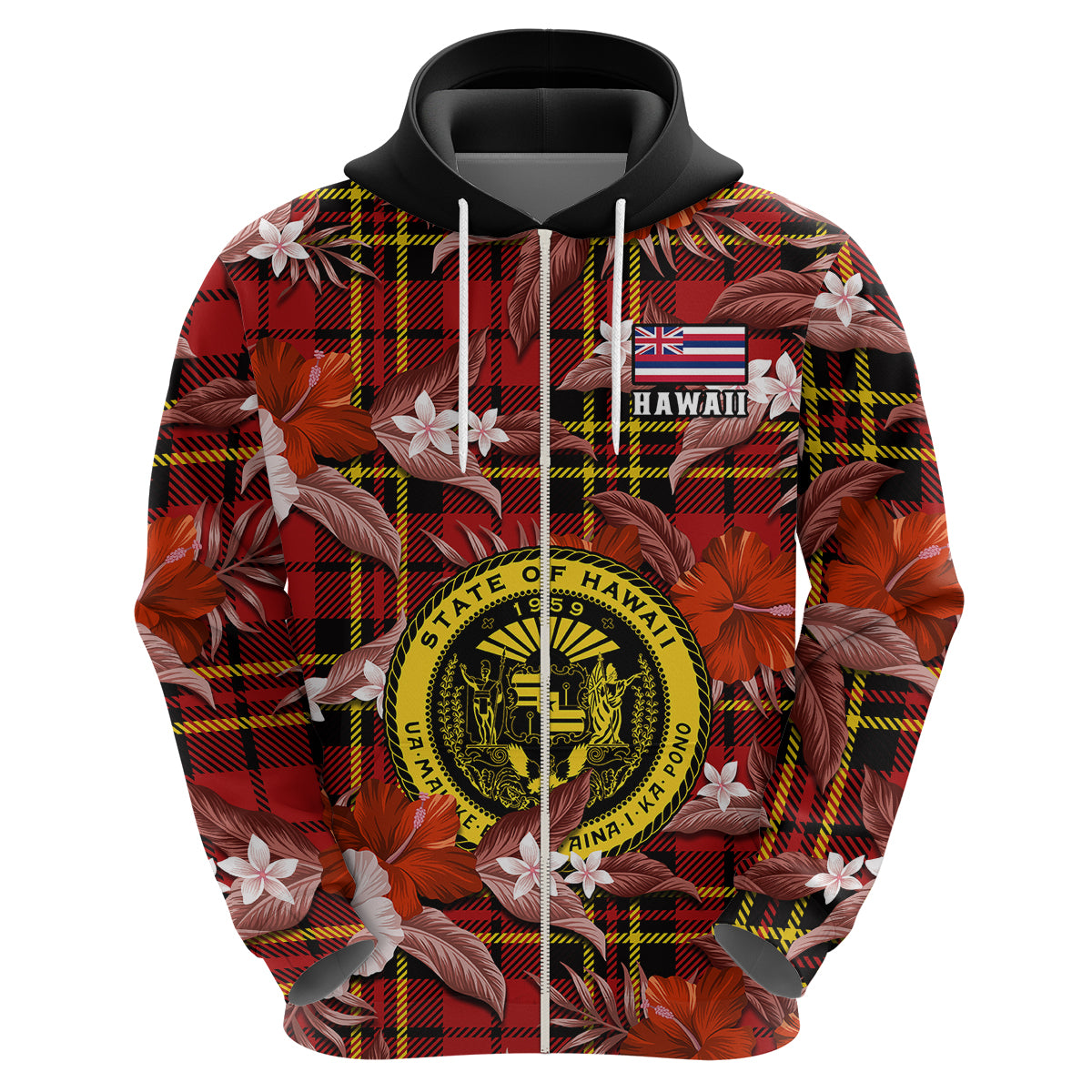 Hawaii State Hoodie Tropical Flowers Mix Tartan Red Version - Wonder Print Shop