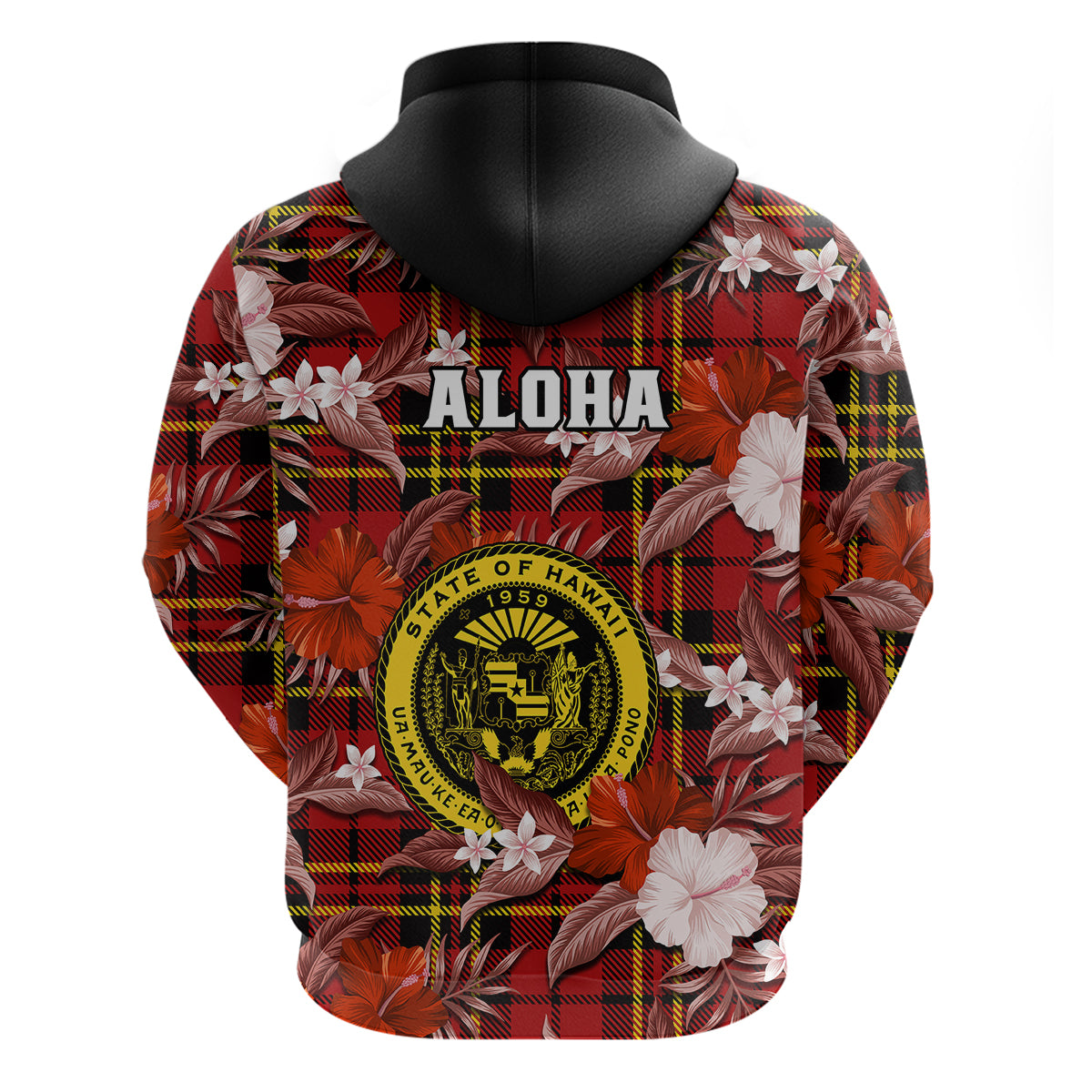 Hawaii State Hoodie Tropical Flowers Mix Tartan Red Version - Wonder Print Shop