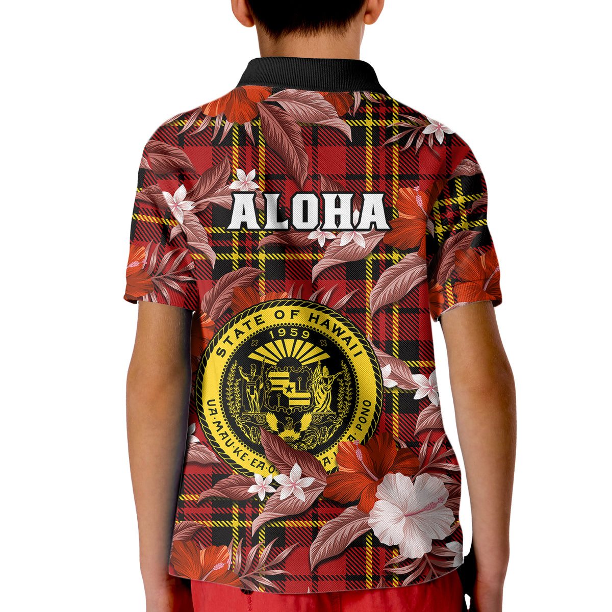 Hawaii State Polo Shirt for Kid Tropical Flowers Mix Tartan Red Version - Wonder Print Shop