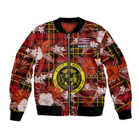 Hawaii State Sleeve Zip Bomber Jacket Tropical Flowers Mix Tartan Red Version - Wonder Print Shop