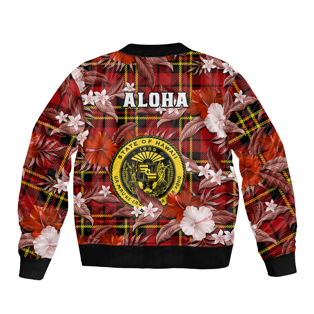 Hawaii State Sleeve Zip Bomber Jacket Tropical Flowers Mix Tartan Red Version - Wonder Print Shop