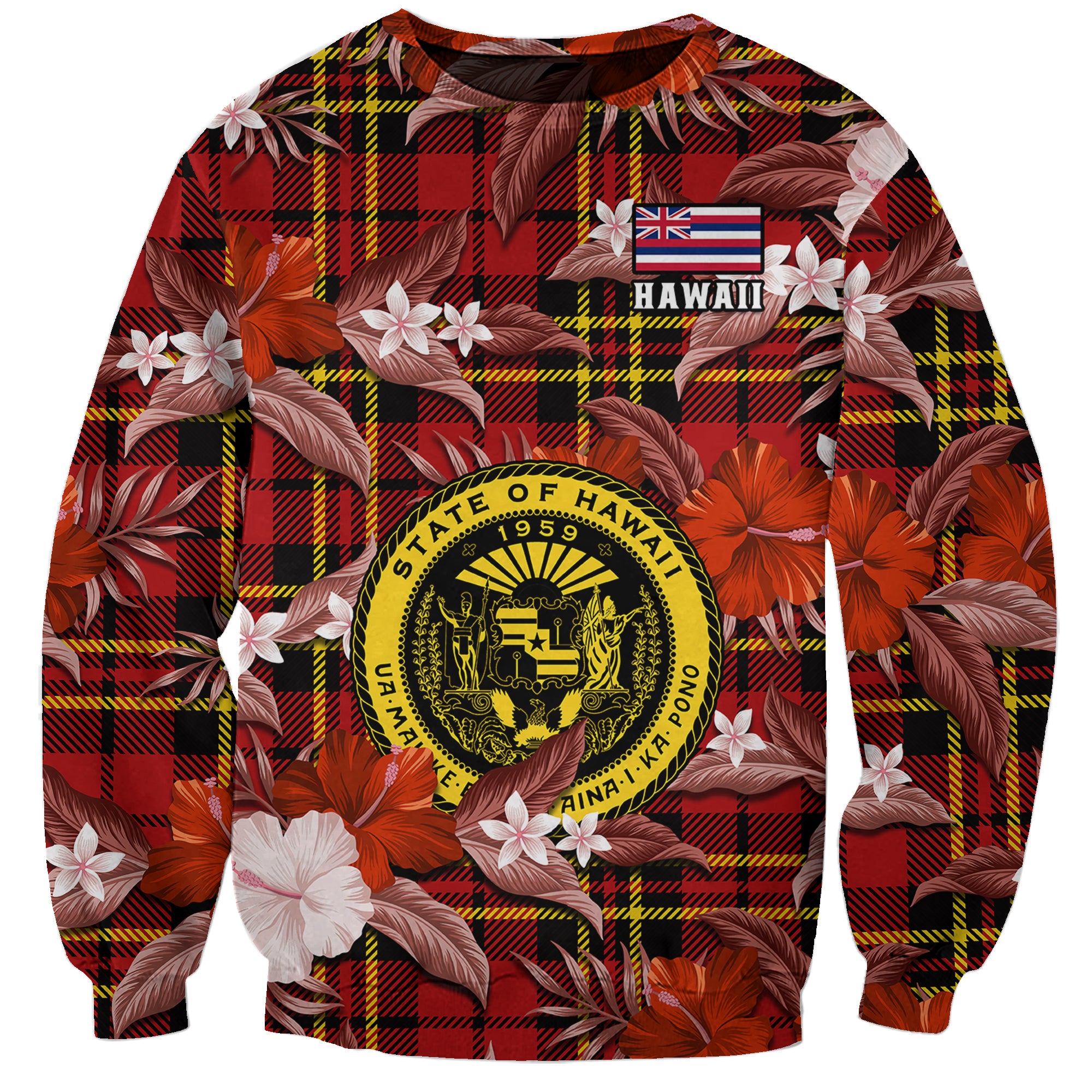 Hawaii State Sweatshirt Tropical Flowers Mix Tartan Red Version - Wonder Print Shop