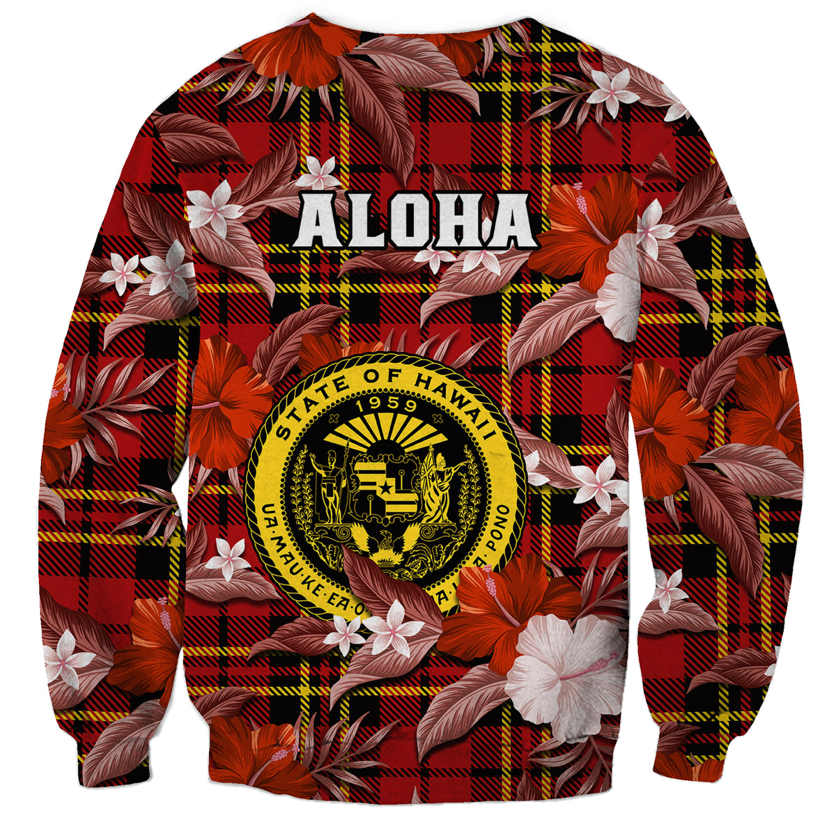 Hawaii State Sweatshirt Tropical Flowers Mix Tartan Red Version - Wonder Print Shop