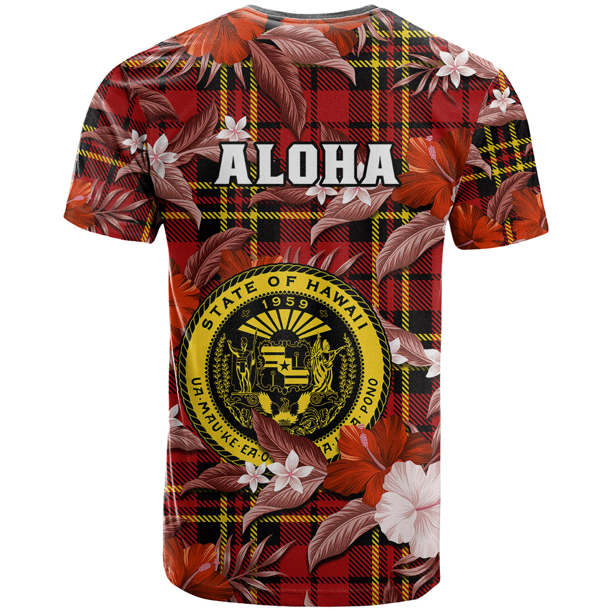 Hawaii State T Shirt Tropical Flowers Mix Tartan Red Version - Wonder Print Shop