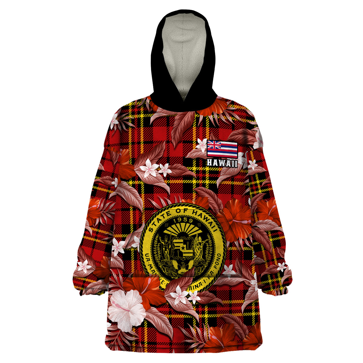 Hawaii State Wearable Blanket Hoodie Tropical Flowers Mix Tartan Red Version - Wonder Print Shop