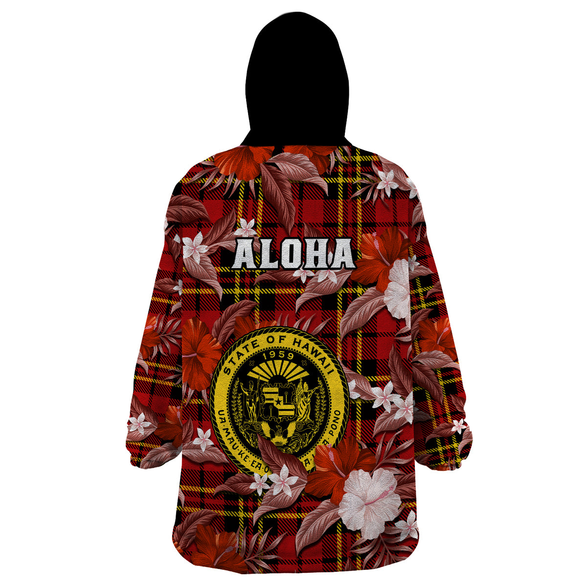 Hawaii State Wearable Blanket Hoodie Tropical Flowers Mix Tartan Red Version - Wonder Print Shop
