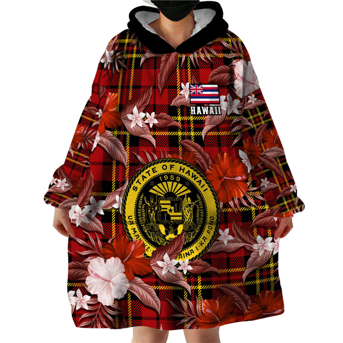 Hawaii State Wearable Blanket Hoodie Tropical Flowers Mix Tartan Red Version - Wonder Print Shop